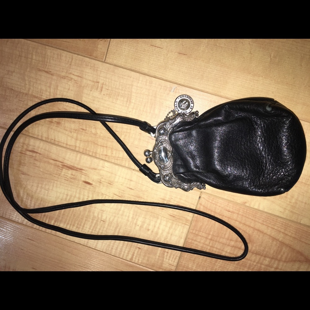 Brighton Black Leather Mini Crossbody Coin Purse with Silver-Tone Frame